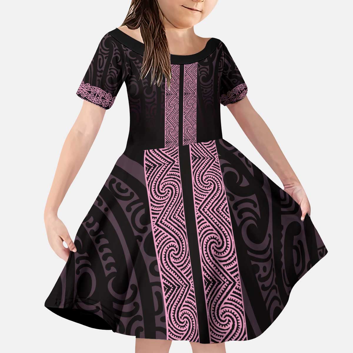 New Zealand Maori Kowhaiwhai Kid Short Sleeve Dress Mawhero Maui and Mangopare