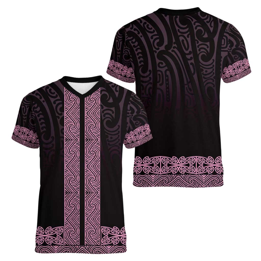 New Zealand Maori Kowhaiwhai Women V-Neck T-Shirt Mawhero Maui and Mangopare