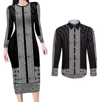 New Zealand Maori Kowhaiwhai Couples Matching Long Sleeve Bodycon Dress and Long Sleeve Button Shirt Pango Maui and Mangopare