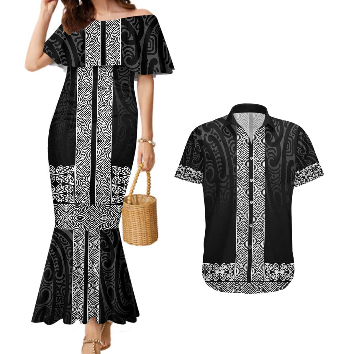 New Zealand Maori Kowhaiwhai Couples Matching Mermaid Dress and Hawaiian Shirt Pango Maui and Mangopare LT9 Black - Polynesian Pride