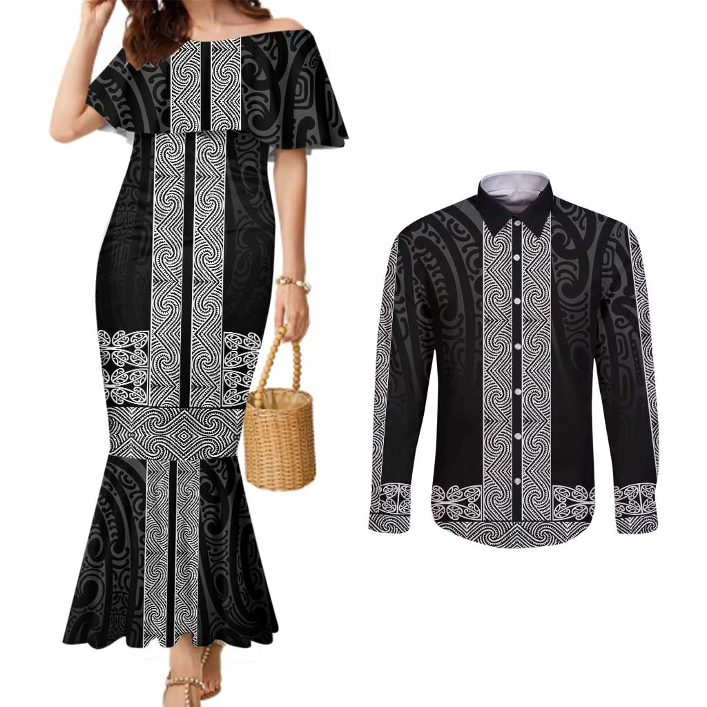 New Zealand Maori Kowhaiwhai Couples Matching Mermaid Dress and Long Sleeve Button Shirt Pango Maui and Mangopare