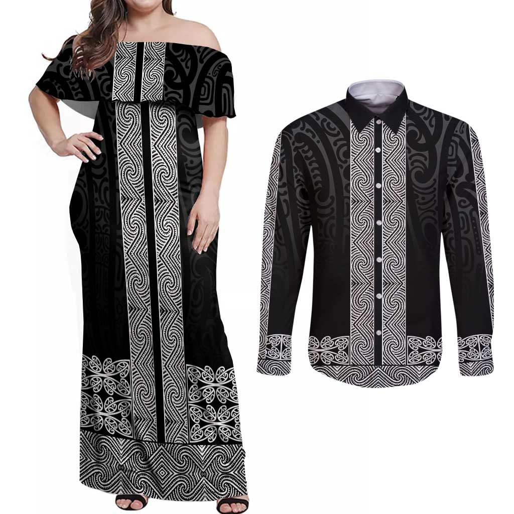 New Zealand Maori Kowhaiwhai Couples Matching Off Shoulder Maxi Dress and Long Sleeve Button Shirt Pango Maui and Mangopare