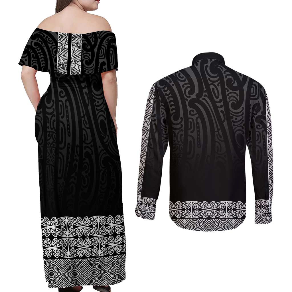 New Zealand Maori Kowhaiwhai Couples Matching Off Shoulder Maxi Dress and Long Sleeve Button Shirt Pango Maui and Mangopare
