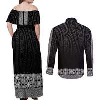 New Zealand Maori Kowhaiwhai Couples Matching Off Shoulder Maxi Dress and Long Sleeve Button Shirt Pango Maui and Mangopare