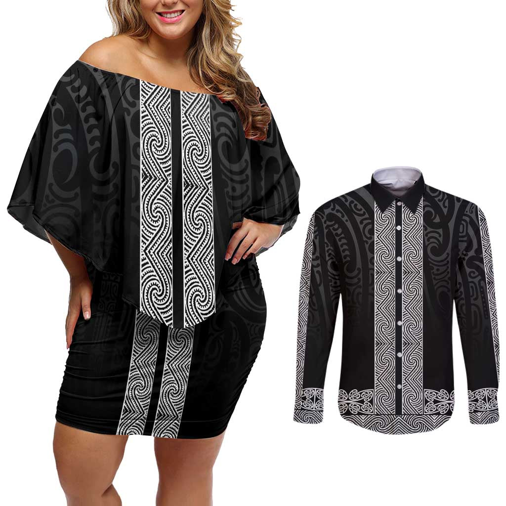 New Zealand Maori Kowhaiwhai Couples Matching Off Shoulder Short Dress and Long Sleeve Button Shirt Pango Maui and Mangopare