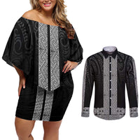 New Zealand Maori Kowhaiwhai Couples Matching Off Shoulder Short Dress and Long Sleeve Button Shirt Pango Maui and Mangopare