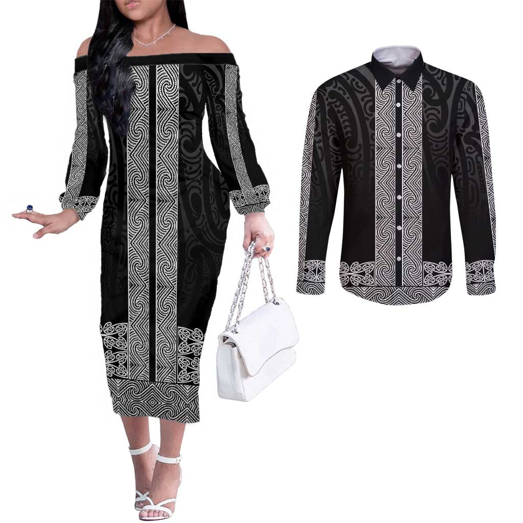 New Zealand Maori Kowhaiwhai Couples Matching Off The Shoulder Long Sleeve Dress and Long Sleeve Button Shirt Pango Maui and Mangopare