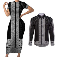 New Zealand Maori Kowhaiwhai Couples Matching Short Sleeve Bodycon Dress and Long Sleeve Button Shirt Pango Maui and Mangopare