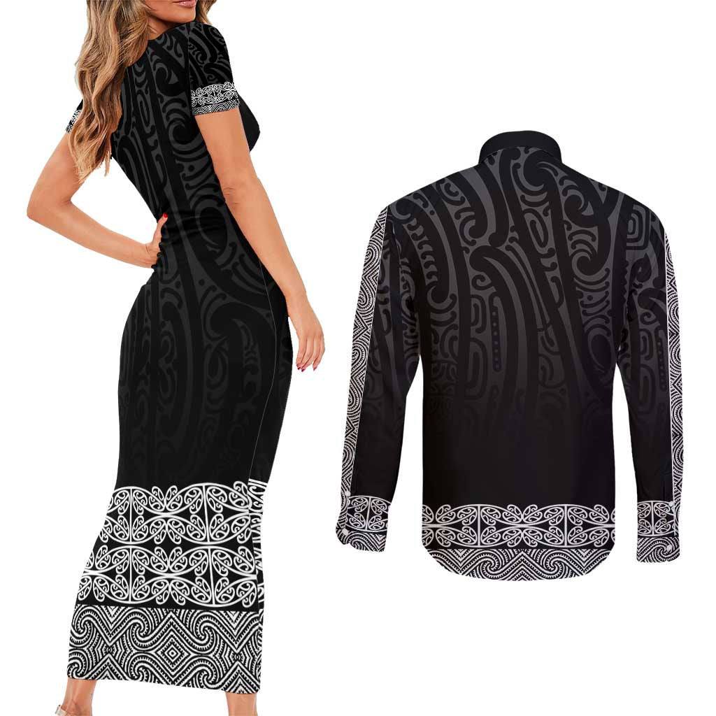 New Zealand Maori Kowhaiwhai Couples Matching Short Sleeve Bodycon Dress and Long Sleeve Button Shirt Pango Maui and Mangopare