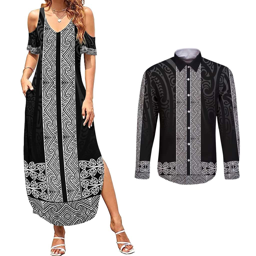 New Zealand Maori Kowhaiwhai Couples Matching Summer Maxi Dress and Long Sleeve Button Shirt Pango Maui and Mangopare