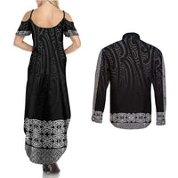 New Zealand Maori Kowhaiwhai Couples Matching Summer Maxi Dress and Long Sleeve Button Shirt Pango Maui and Mangopare