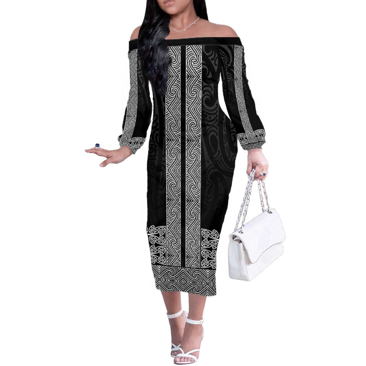 New Zealand Maori Kowhaiwhai Family Matching Off The Shoulder Long Sleeve Dress and Hawaiian Shirt Pango Maui and Mangopare