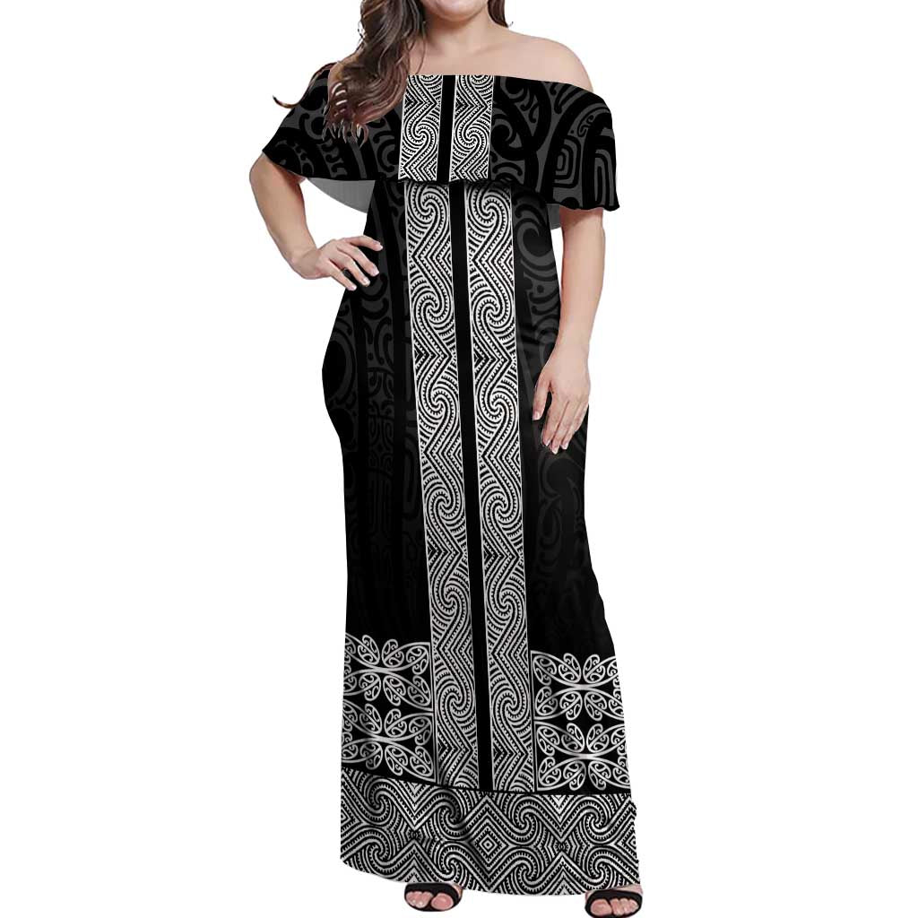 New Zealand Maori Kowhaiwhai Off Shoulder Maxi Dress Pango Maui and Mangopare