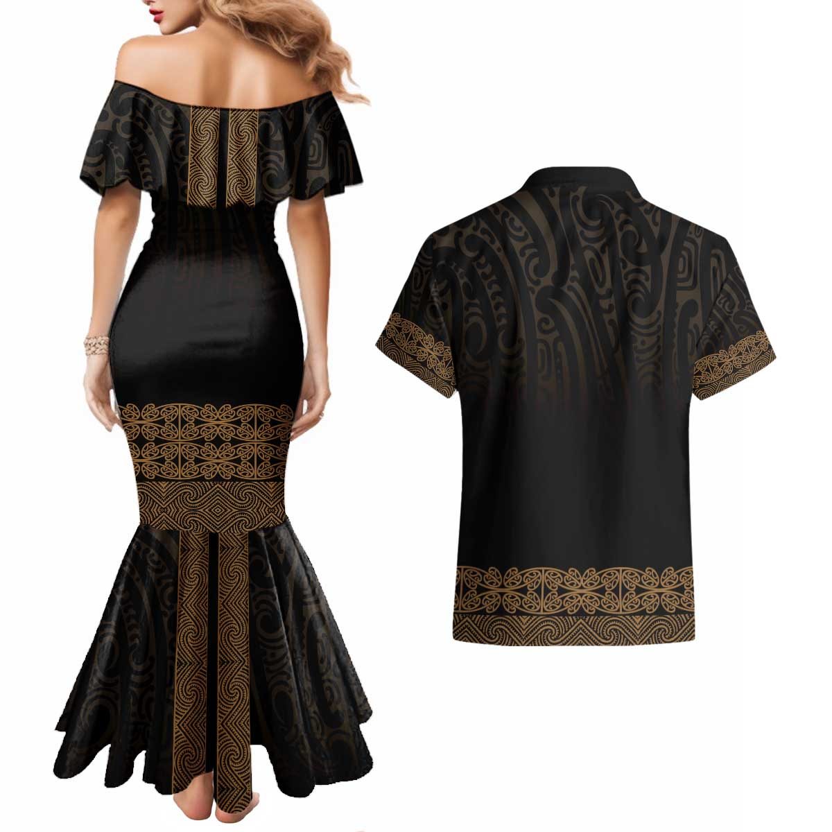 New Zealand Maori Kowhaiwhai Couples Matching Mermaid Dress and Hawaiian Shirt Parauri Maui and Mangopare