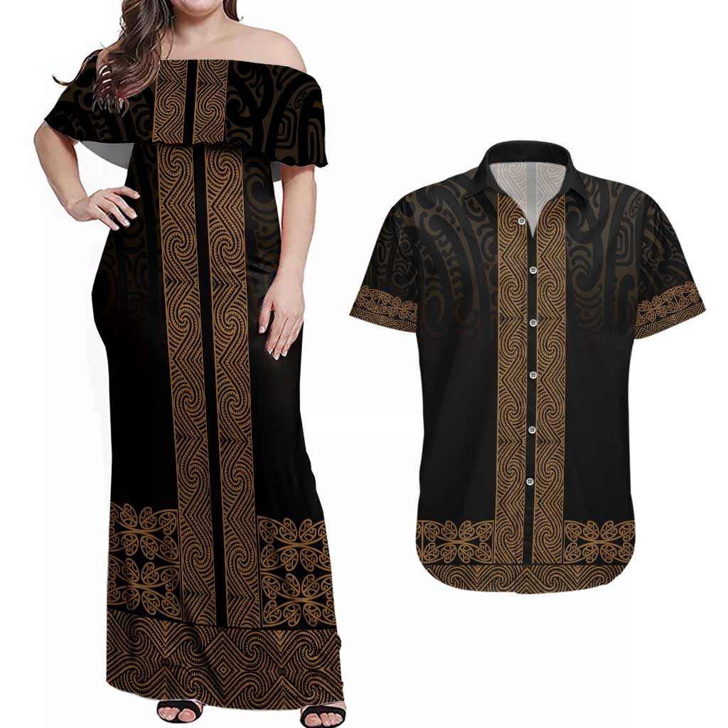 New Zealand Maori Kowhaiwhai Couples Matching Off Shoulder Maxi Dress and Hawaiian Shirt Parauri Maui and Mangopare
