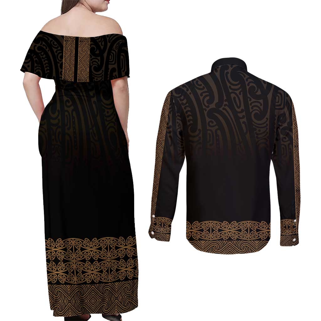 New Zealand Maori Kowhaiwhai Couples Matching Off Shoulder Maxi Dress and Long Sleeve Button Shirt Parauri Maui and Mangopare
