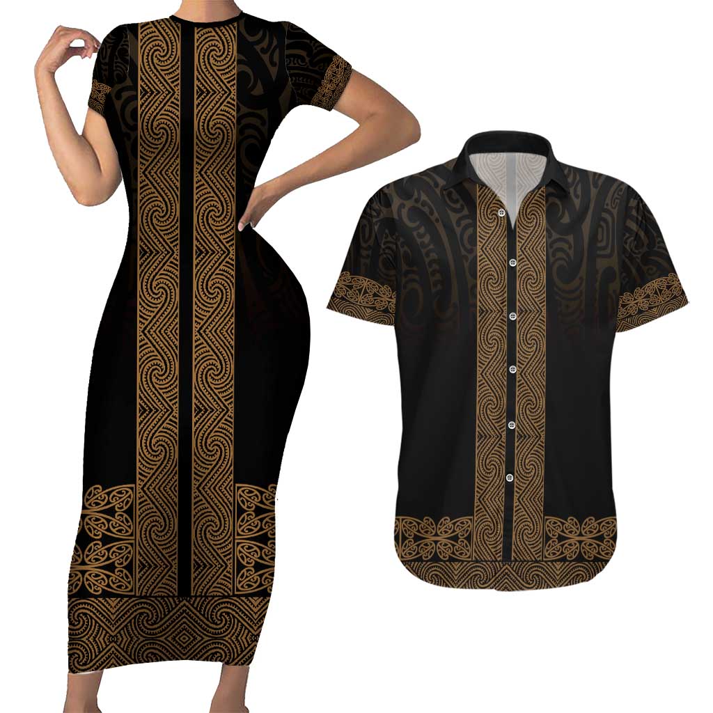 New Zealand Maori Kowhaiwhai Couples Matching Short Sleeve Bodycon Dress and Hawaiian Shirt Parauri Maui and Mangopare