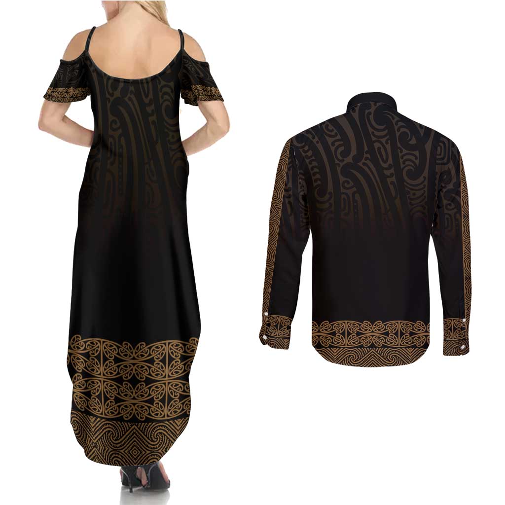 New Zealand Maori Kowhaiwhai Couples Matching Summer Maxi Dress and Long Sleeve Button Shirt Parauri Maui and Mangopare