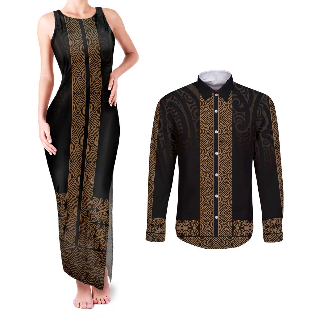 New Zealand Maori Kowhaiwhai Couples Matching Tank Maxi Dress and Long Sleeve Button Shirt Parauri Maui and Mangopare