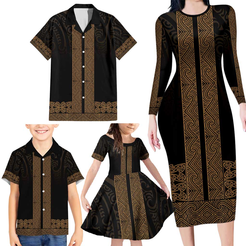 New Zealand Maori Kowhaiwhai Family Matching Long Sleeve Bodycon Dress and Hawaiian Shirt Parauri Maui and Mangopare