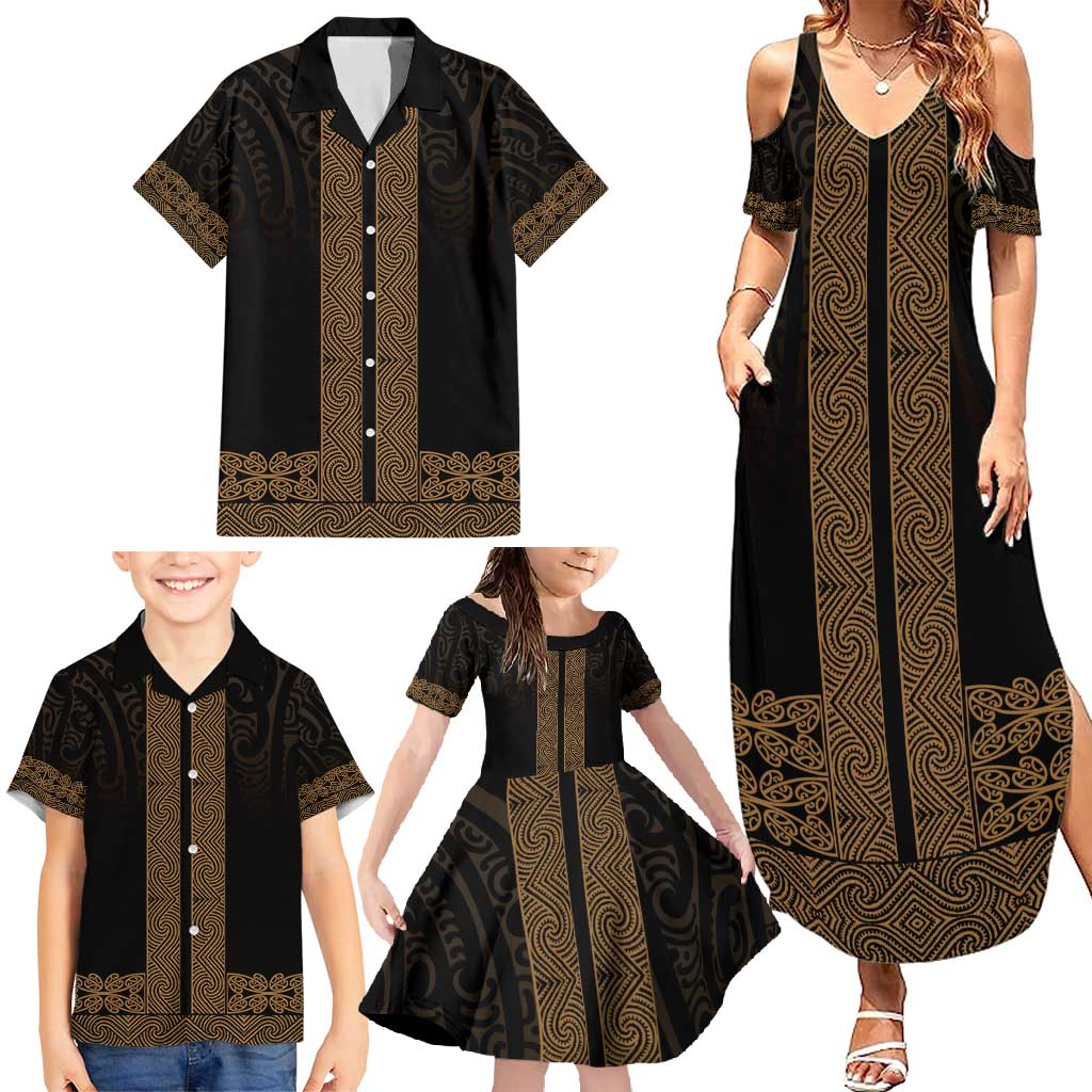 New Zealand Maori Kowhaiwhai Family Matching Summer Maxi Dress and Hawaiian Shirt Parauri Maui and Mangopare
