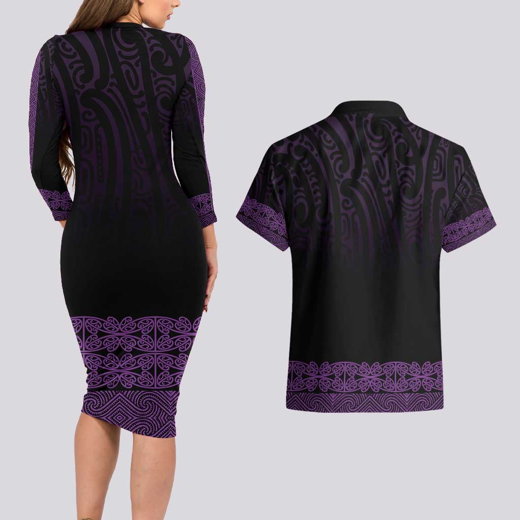 New Zealand Maori Kowhaiwhai Couples Matching Long Sleeve Bodycon Dress and Hawaiian Shirt Waiporoporo Maui and Mangopare