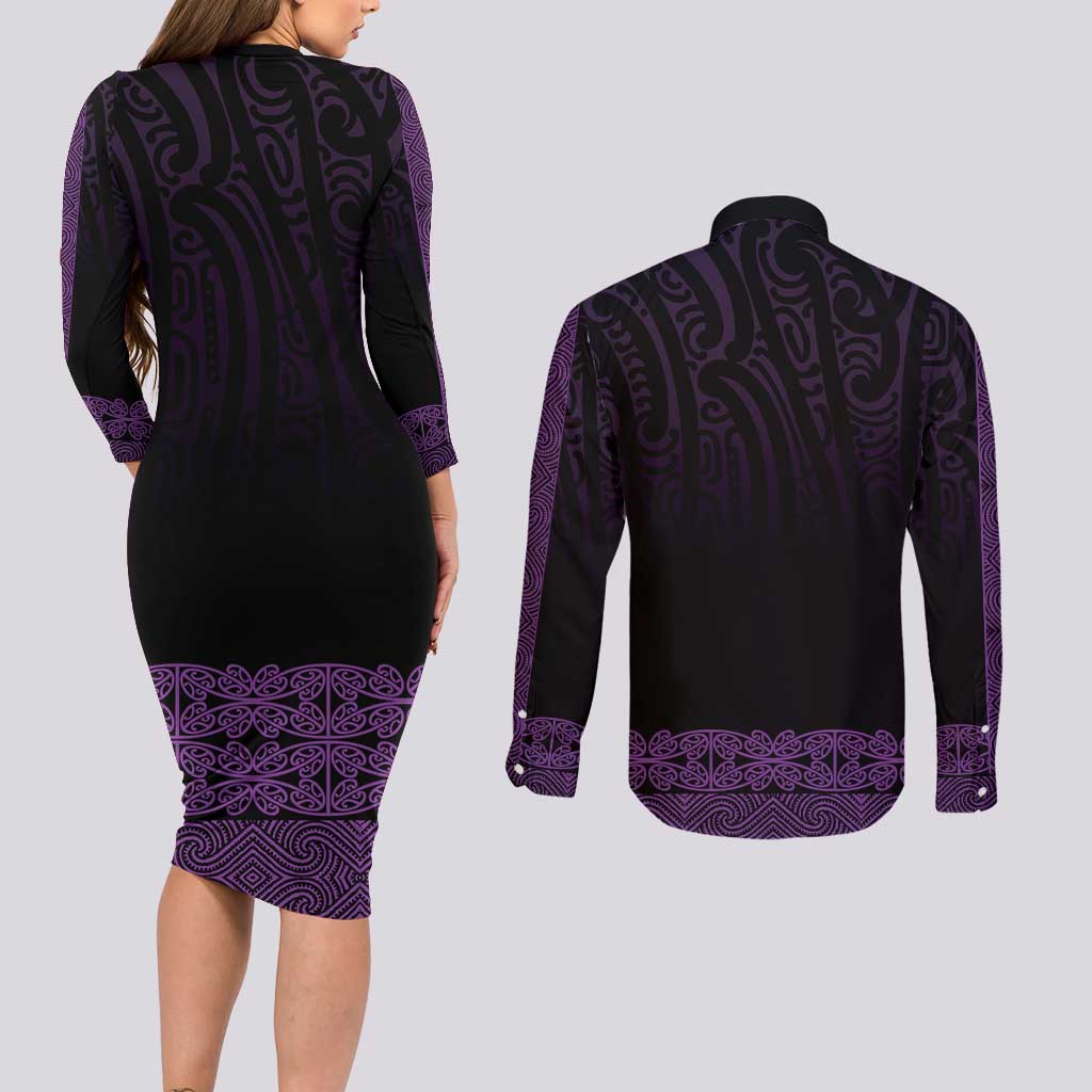 New Zealand Maori Kowhaiwhai Couples Matching Long Sleeve Bodycon Dress and Long Sleeve Button Shirt Waiporoporo Maui and Mangopare