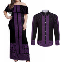 New Zealand Maori Kowhaiwhai Couples Matching Off Shoulder Maxi Dress and Long Sleeve Button Shirt Waiporoporo Maui and Mangopare