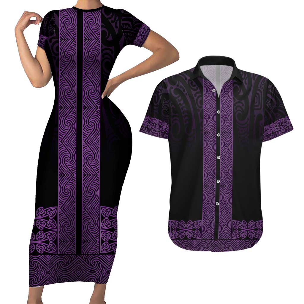 New Zealand Maori Kowhaiwhai Couples Matching Short Sleeve Bodycon Dress and Hawaiian Shirt Waiporoporo Maui and Mangopare