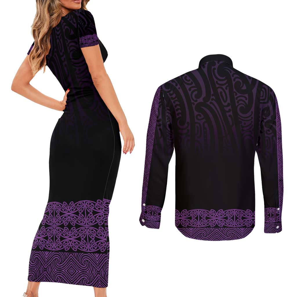 New Zealand Maori Kowhaiwhai Couples Matching Short Sleeve Bodycon Dress and Long Sleeve Button Shirt Waiporoporo Maui and Mangopare