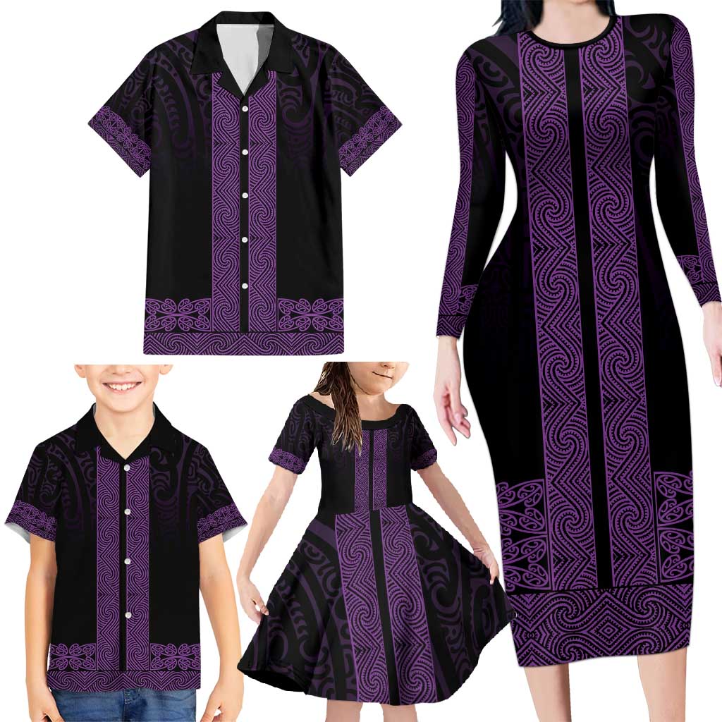 New Zealand Maori Kowhaiwhai Family Matching Long Sleeve Bodycon Dress and Hawaiian Shirt Waiporoporo Maui and Mangopare