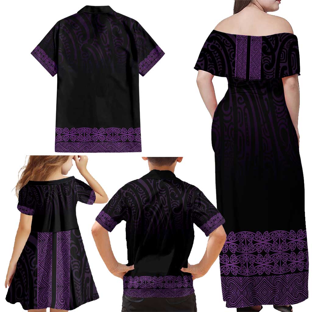 New Zealand Maori Kowhaiwhai Family Matching Off Shoulder Maxi Dress and Hawaiian Shirt Waiporoporo Maui and Mangopare