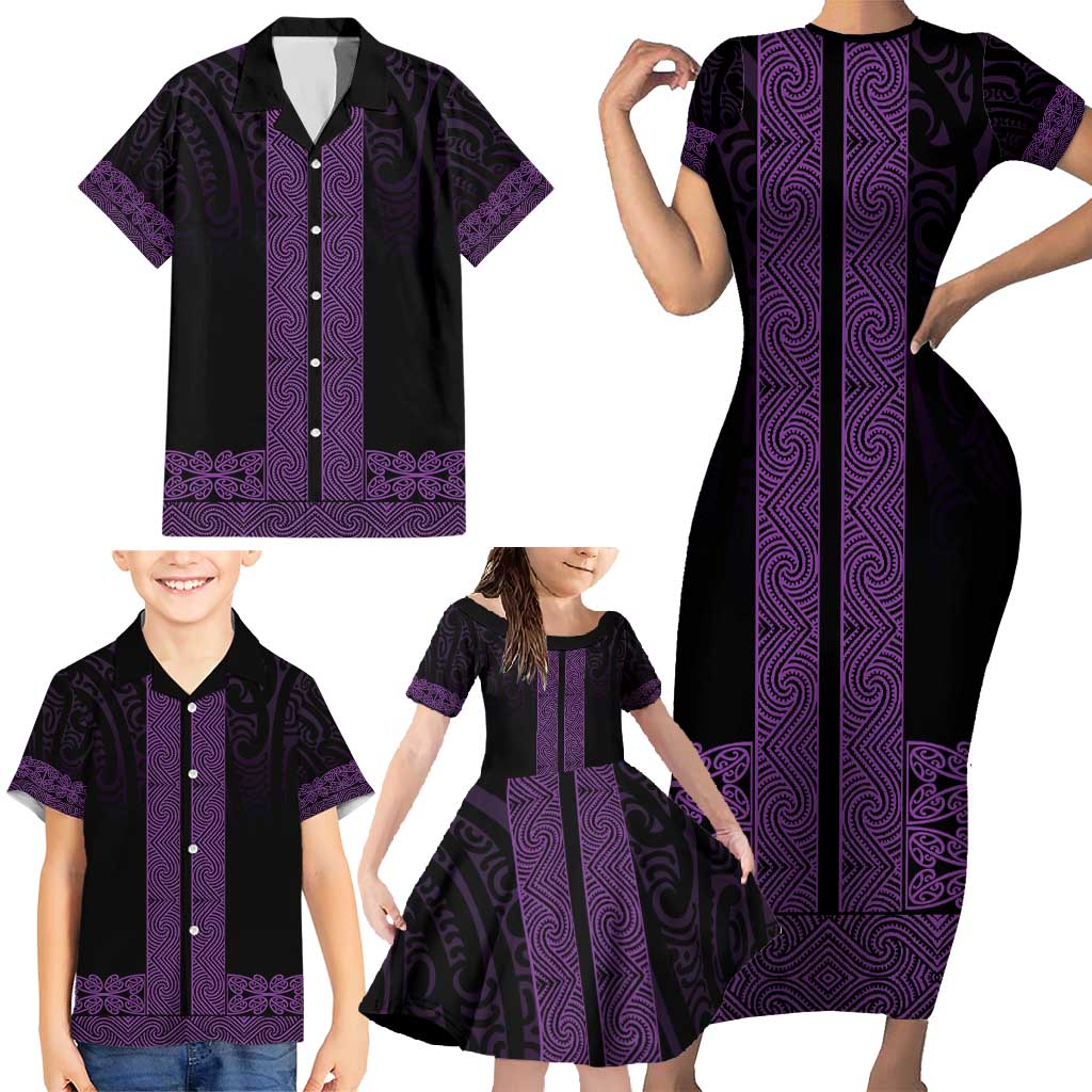 New Zealand Maori Kowhaiwhai Family Matching Short Sleeve Bodycon Dress and Hawaiian Shirt Waiporoporo Maui and Mangopare