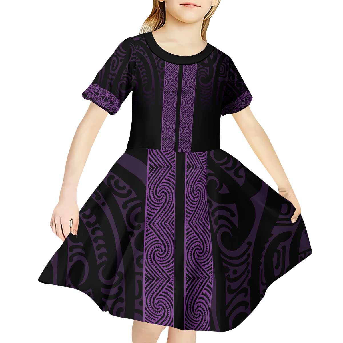 New Zealand Maori Kowhaiwhai Kid Short Sleeve Dress Waiporoporo Maui and Mangopare