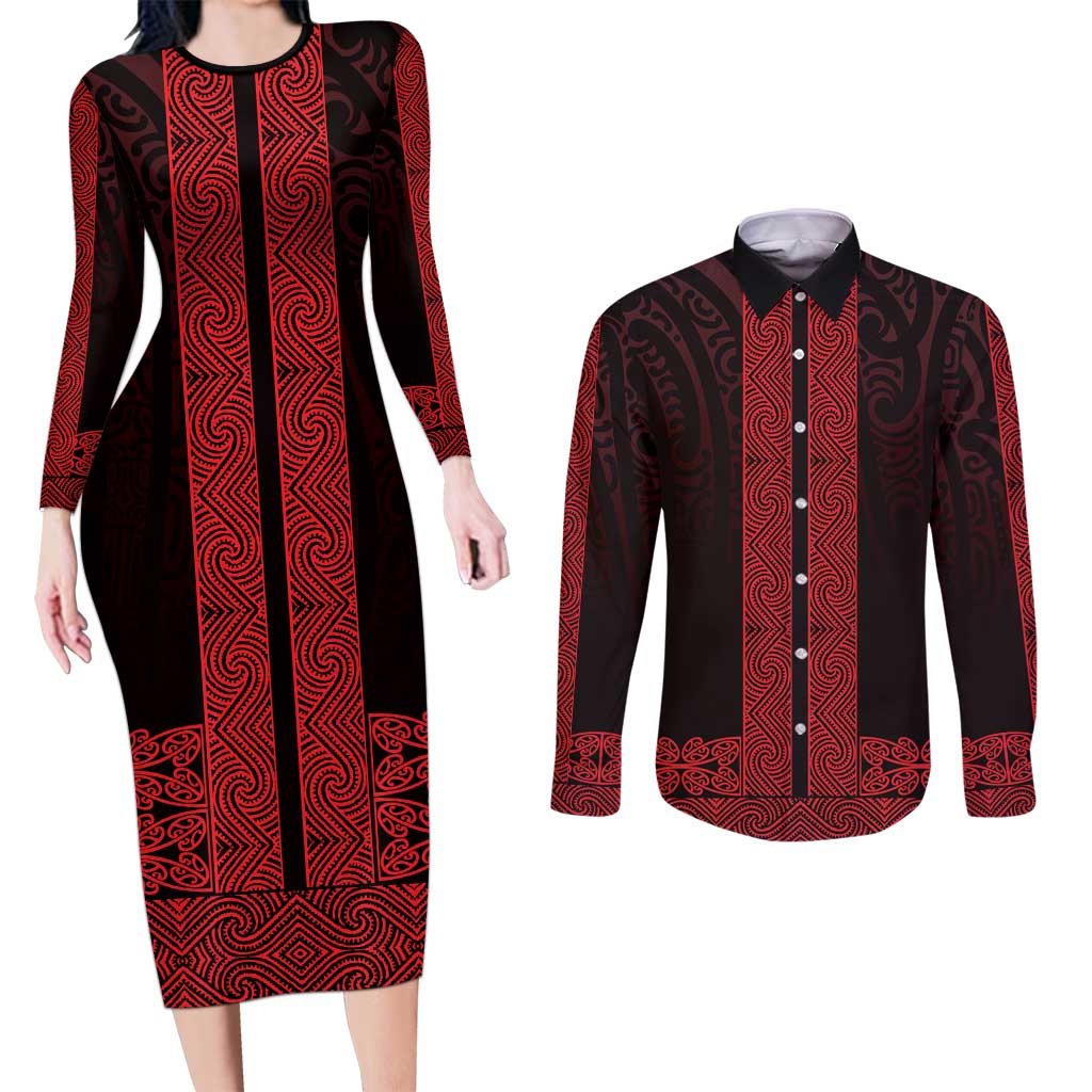 New Zealand Maori Kowhaiwhai Couples Matching Long Sleeve Bodycon Dress and Long Sleeve Button Shirt Whero Maui and Mangopare