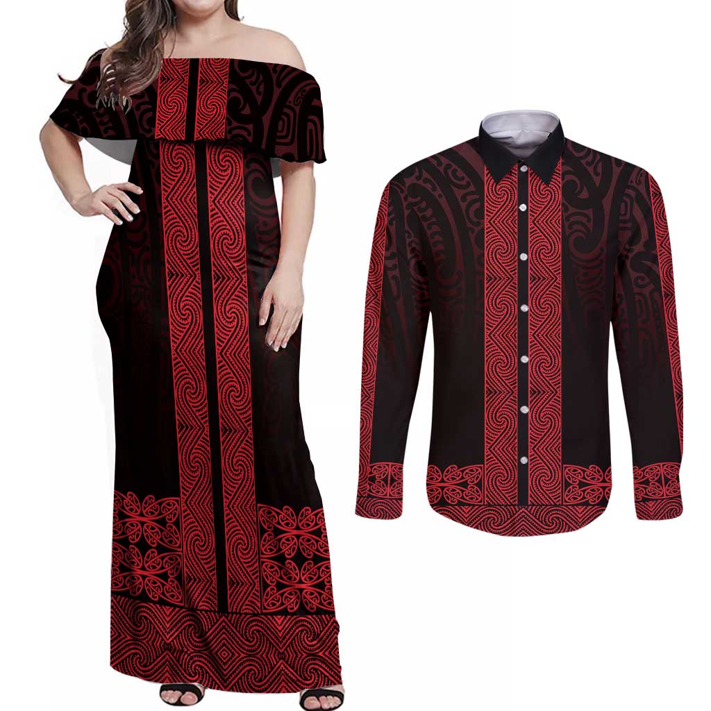 New Zealand Maori Kowhaiwhai Couples Matching Off Shoulder Maxi Dress and Long Sleeve Button Shirt Whero Maui and Mangopare