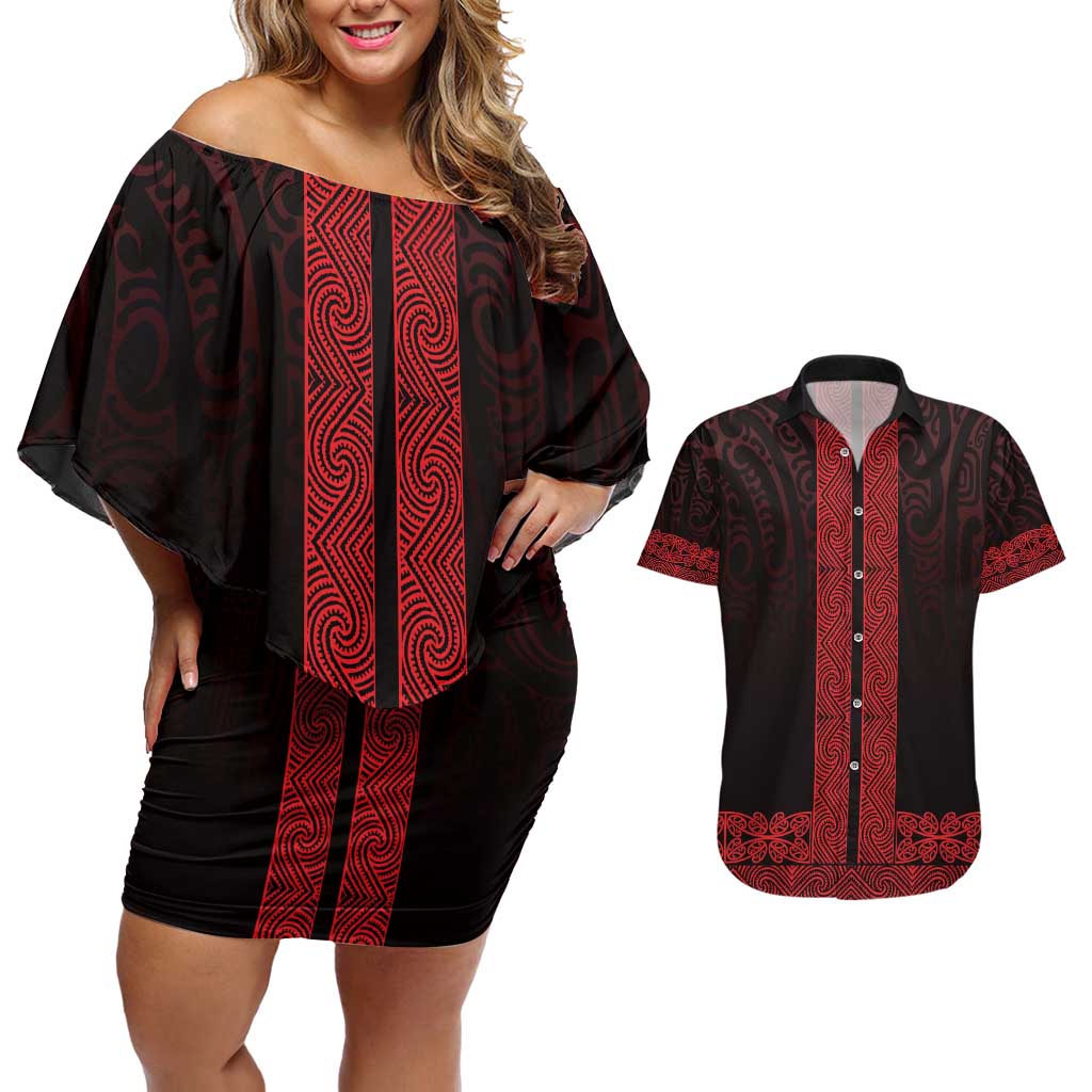 New Zealand Maori Kowhaiwhai Couples Matching Off Shoulder Short Dress and Hawaiian Shirt Whero Maui and Mangopare