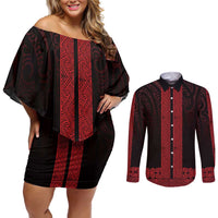 New Zealand Maori Kowhaiwhai Couples Matching Off Shoulder Short Dress and Long Sleeve Button Shirt Whero Maui and Mangopare