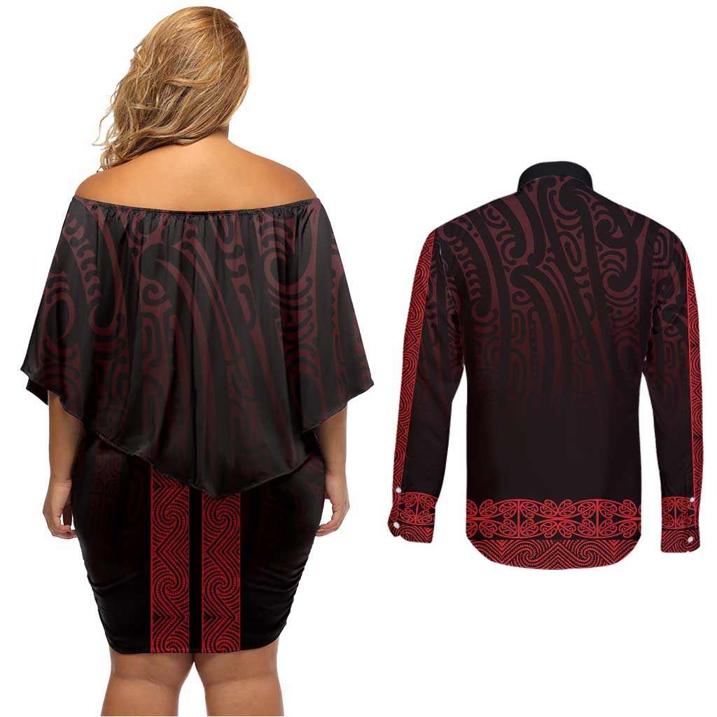 New Zealand Maori Kowhaiwhai Couples Matching Off Shoulder Short Dress and Long Sleeve Button Shirt Whero Maui and Mangopare