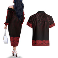 New Zealand Maori Kowhaiwhai Couples Matching Off The Shoulder Long Sleeve Dress and Hawaiian Shirt Whero Maui and Mangopare