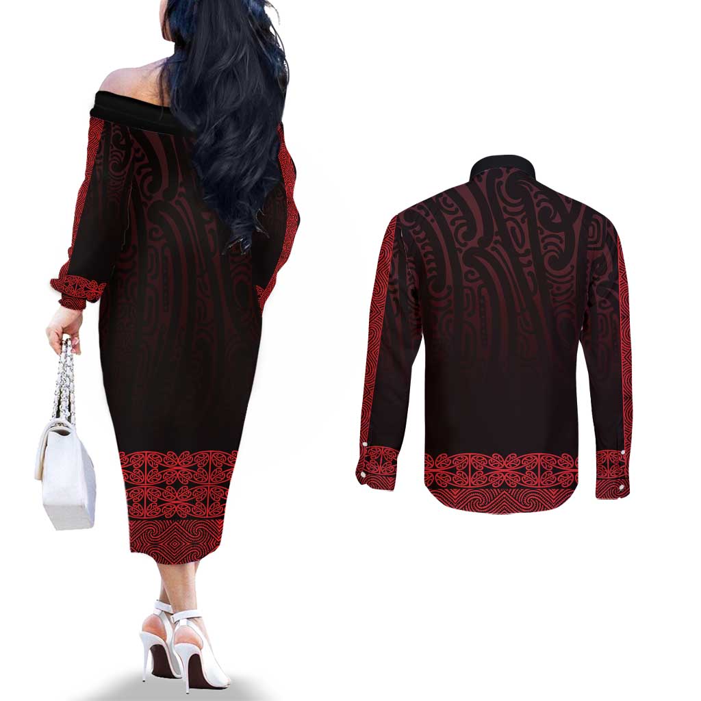 New Zealand Maori Kowhaiwhai Couples Matching Off The Shoulder Long Sleeve Dress and Long Sleeve Button Shirt Whero Maui and Mangopare