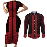 New Zealand Maori Kowhaiwhai Couples Matching Short Sleeve Bodycon Dress and Long Sleeve Button Shirt Whero Maui and Mangopare