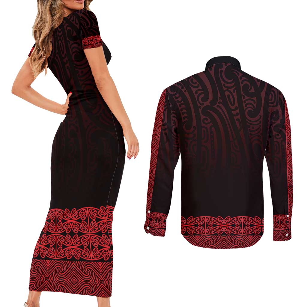 New Zealand Maori Kowhaiwhai Couples Matching Short Sleeve Bodycon Dress and Long Sleeve Button Shirt Whero Maui and Mangopare