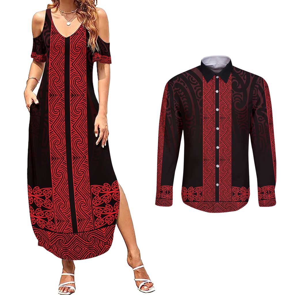 New Zealand Maori Kowhaiwhai Couples Matching Summer Maxi Dress and Long Sleeve Button Shirt Whero Maui and Mangopare