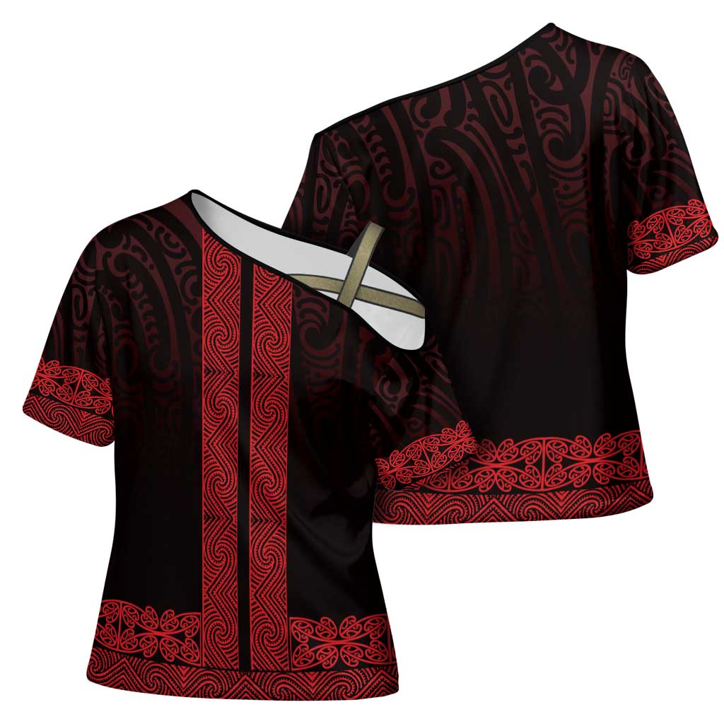 New Zealand Maori Kowhaiwhai Cross Shoulder Shirt Whero Maui and Mangopare - Polynesian Pride