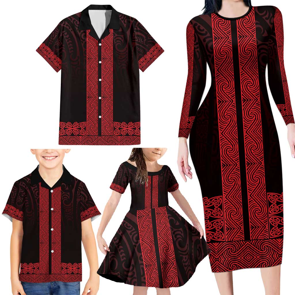 New Zealand Maori Kowhaiwhai Family Matching Long Sleeve Bodycon Dress and Hawaiian Shirt Whero Maui and Mangopare