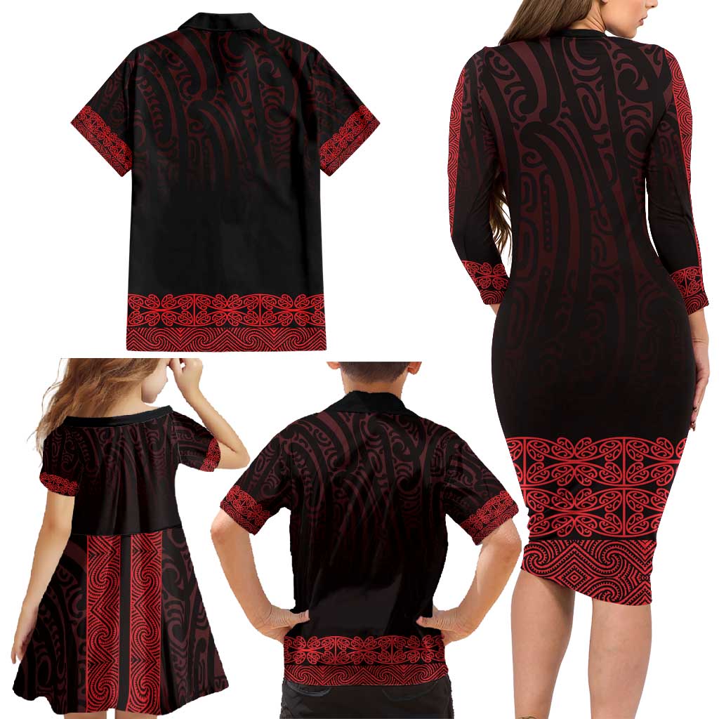 New Zealand Maori Kowhaiwhai Family Matching Long Sleeve Bodycon Dress and Hawaiian Shirt Whero Maui and Mangopare