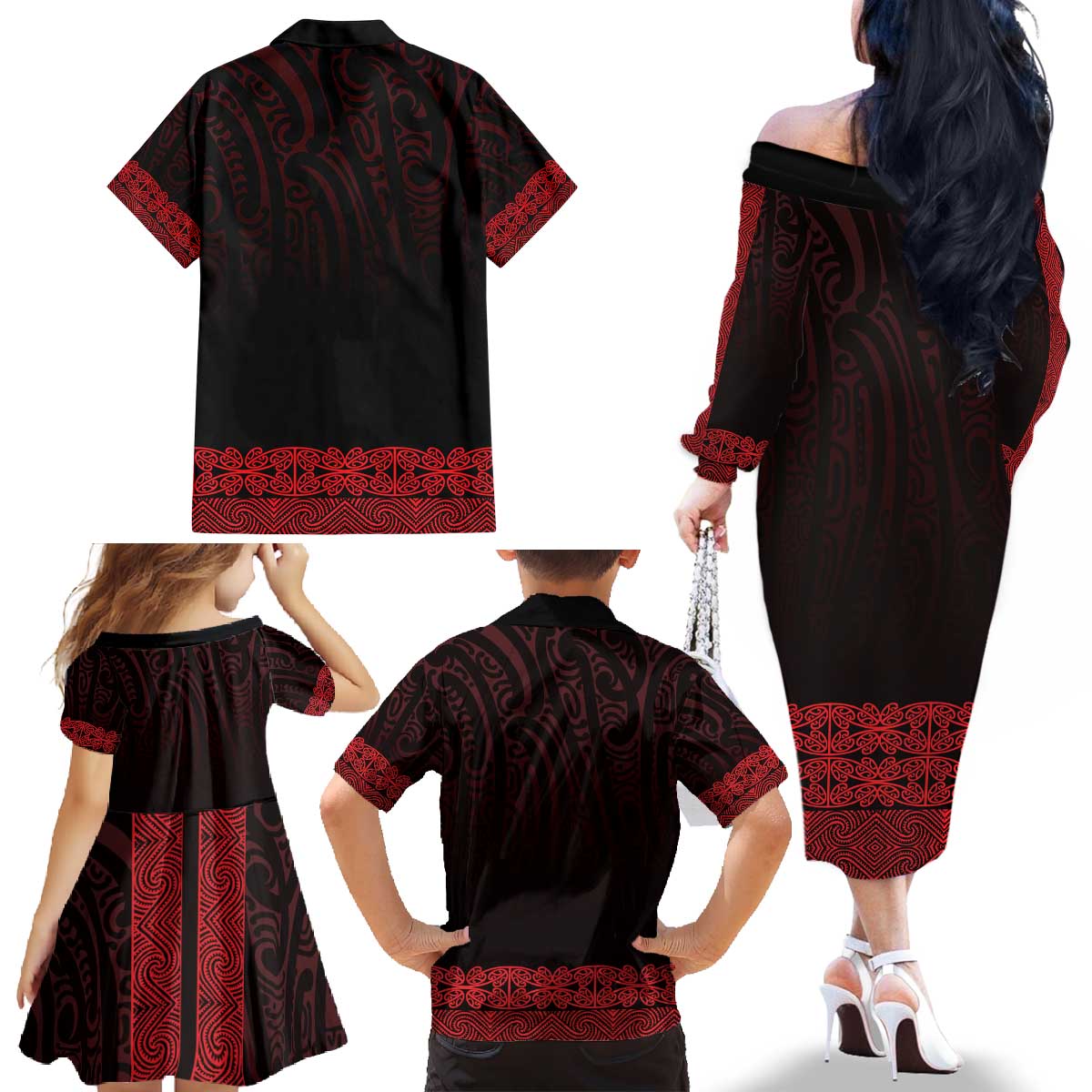 New Zealand Maori Kowhaiwhai Family Matching Off The Shoulder Long Sleeve Dress and Hawaiian Shirt Whero Maui and Mangopare