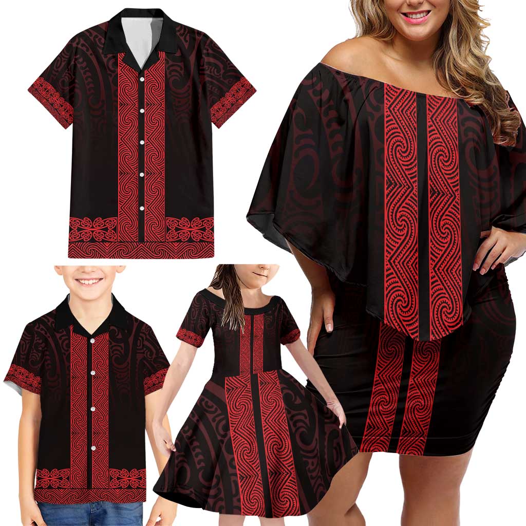 New Zealand Maori Kowhaiwhai Family Matching Off Shoulder Short Dress and Hawaiian Shirt Whero Maui and Mangopare
