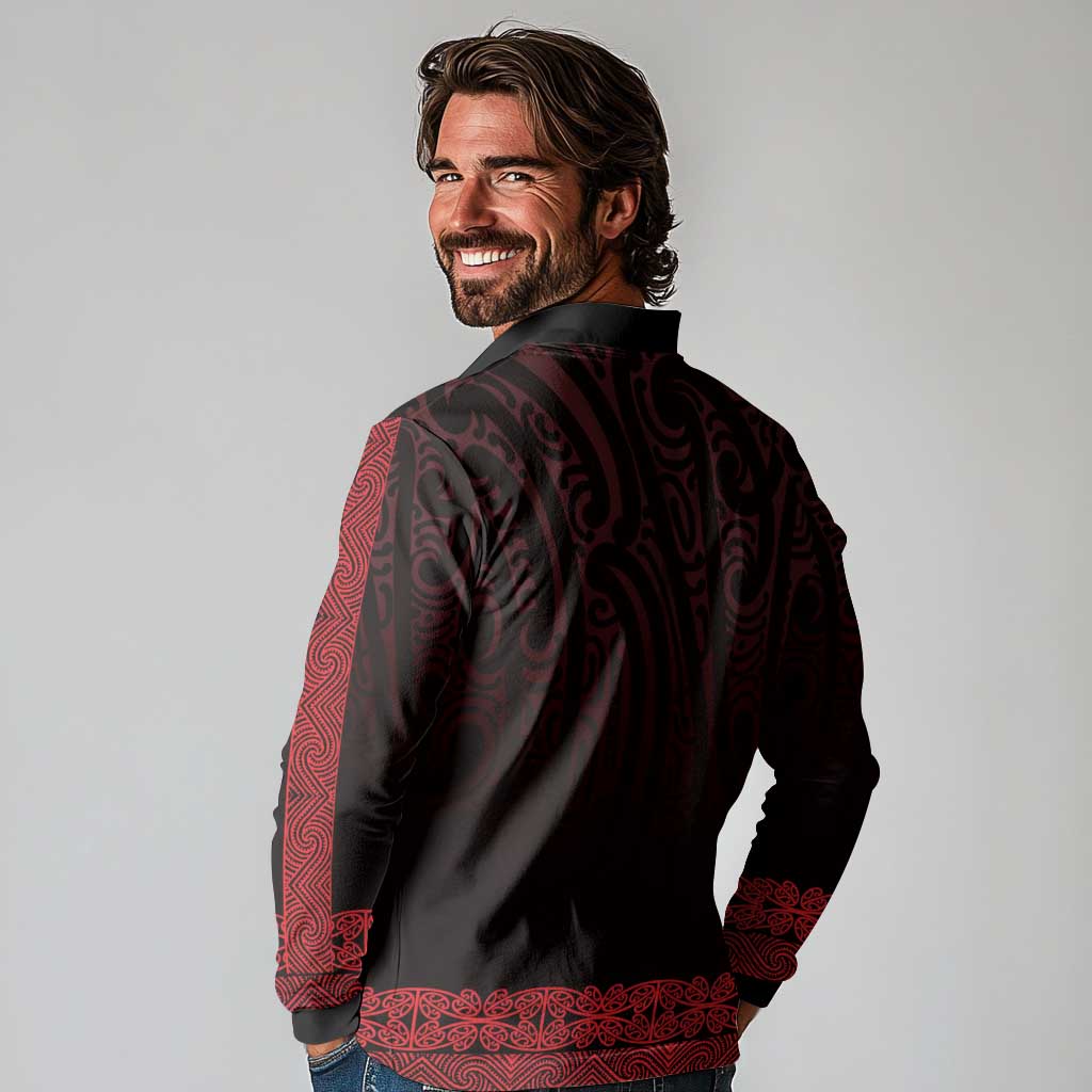 New Zealand Maori Kowhaiwhai Long Sleeve Polo Shirt Whero Maui and Mangopare